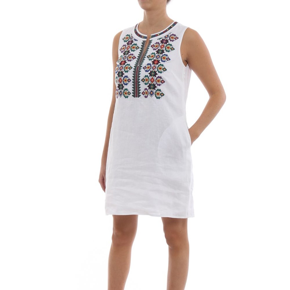 Tory Burch Embroidered Linen Sleeveless Shift Dress (XS, White)